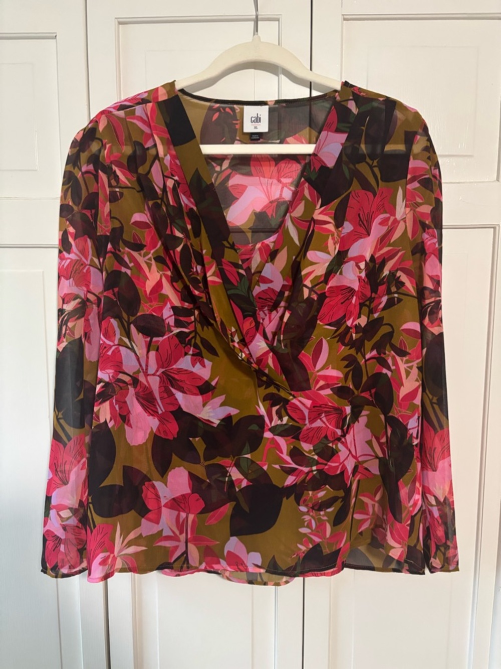 CAbi XL Sheer Floral Faux Wrap Blouse Pink Olive Long Sleeve